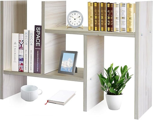 J.M.Deco Desktop Organizers and Storage for Office, Adjustable Desk Organizer Shelf Double H Display, True Natural Stand Shelf, Desktop Organizer White Wood Tone-NeatNest
