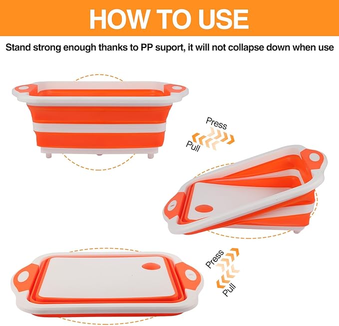 Collapsible BBQ Prep Tub/Cutting Board 10L, Foldable Dish Tub with Colander, Portable Camping Sink, Multifunction Dishing Basin Bucket Wash Tub for Kitchen Fruit Vegetable Picnic (Orange)-NeatNest