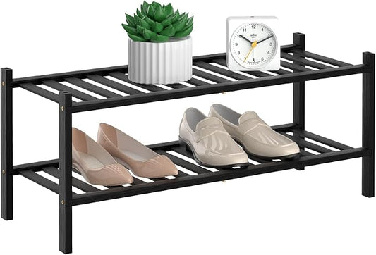 Shoe Rack, 2 Tier Bamboo Shoe Rack for Closet, Stackable Wooden Shoe Organizer, Free Standing Wood Shoe Shelf for Entryway Small Space, 27" x 11" x 13", Black-NeatNest