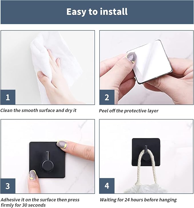 Adhesive Hooks, Waterproof Adhesive Shower Hanger Hooks for Hanging Loofah, Sponge, Towels, Robes Stainless Steel Stick on Shower Hooks for Bathrom Black Removable Sticky Wall Hooks 4 Pcs