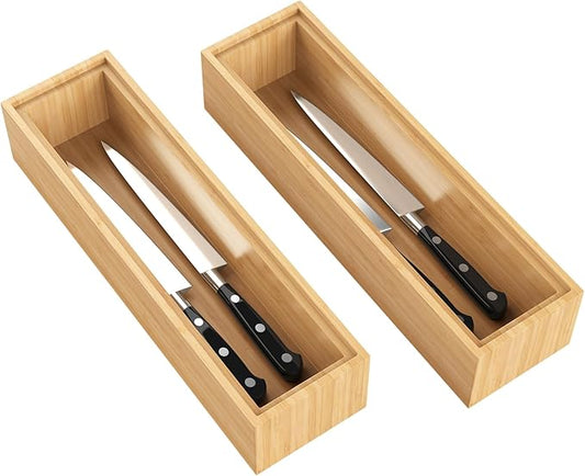Bamboo Drawer Organizer, 2PCS Stackable Storage Boxes for Utensil Organizer, Wood Tray for kitchen, Bathroom and Bedroom 12" x 3" x 2"-NeatNest