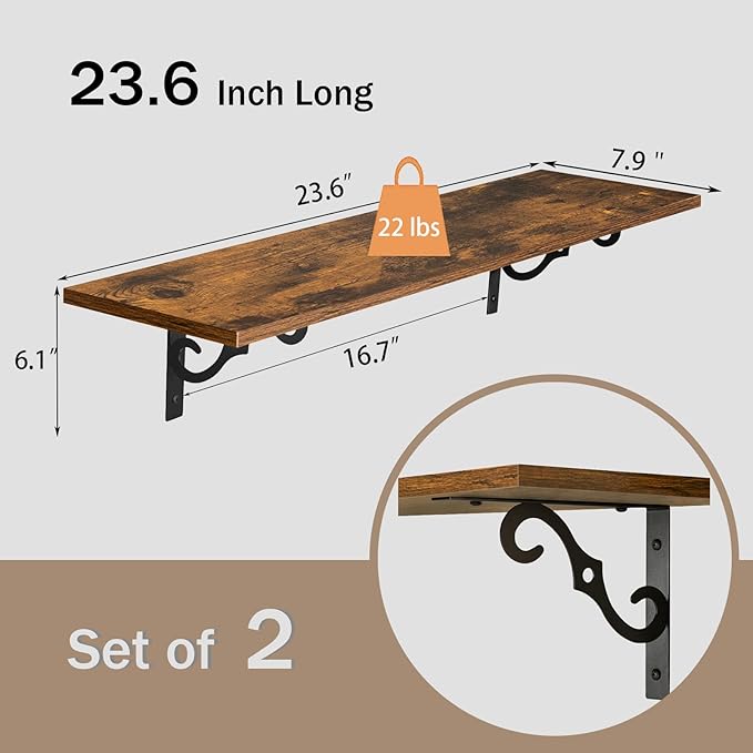 DINZI LVJ Long Wall Shelves, 23.6 Inch Large Floating Shelves Set of 2, Wide Display Shelf Wall Mounted with Brackets, Easy Hanging for Living Room, Toilet, Office, Bedroom, Rustic Brown-NeatNest
