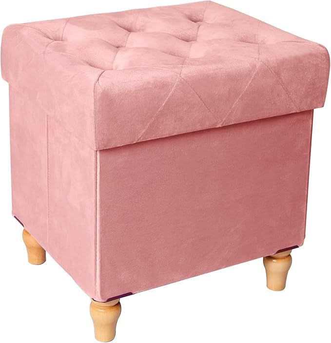 CAROLMADE Folding Storage Ottoman Cube Velvet Footstool with Wood Legs Ottoman Footrest for Living Room and Bedroom Pink, Grey 15"x12.6"x15.4"-NeatNest