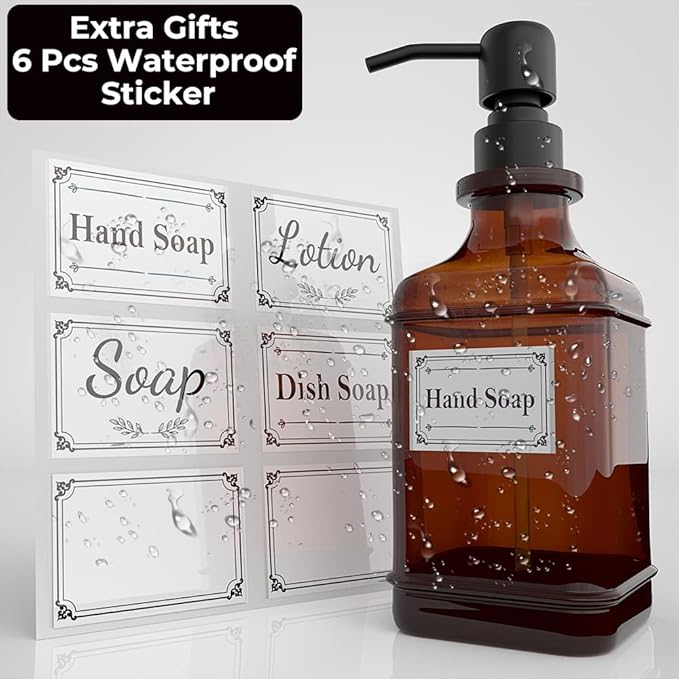 GLADPURE Soap Dispenser 2 Pack, Hand Soap Dispensers with 18 Oz Antique Design Thick Amber Glass Bottle, 316 Rust Proof Stainless Steel Black Pump, 6Pcs Stickers, for Lotion, Soap, Essential Oil-NeatNest