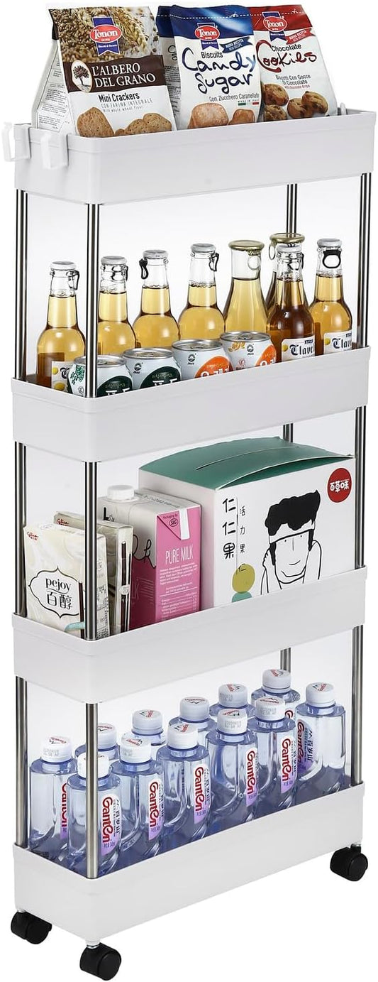4-Tire Slim Storage Cart with 4 Hooks, Multi-Functional Narrow Rolling Kitchen Shelving Unit for Kitchen, Bathroom, Laundry Room, Office
