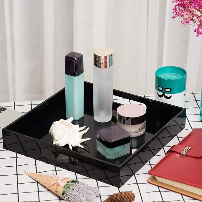 Glossy Black Sturdy Acrylic Serving Tray with Handles - 12x12 Inch Multipurpose Tray for Coffee, Appetizers, Breakfast, and More-NeatNest