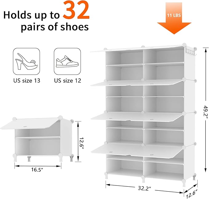 AWTATOS Shoe Rack, 8 Tier Shoe Storage Cabinet with Door, 32 Pair Shoe Organizer Shelves for Closet Hallway Bedroom Entryway, White-NeatNest