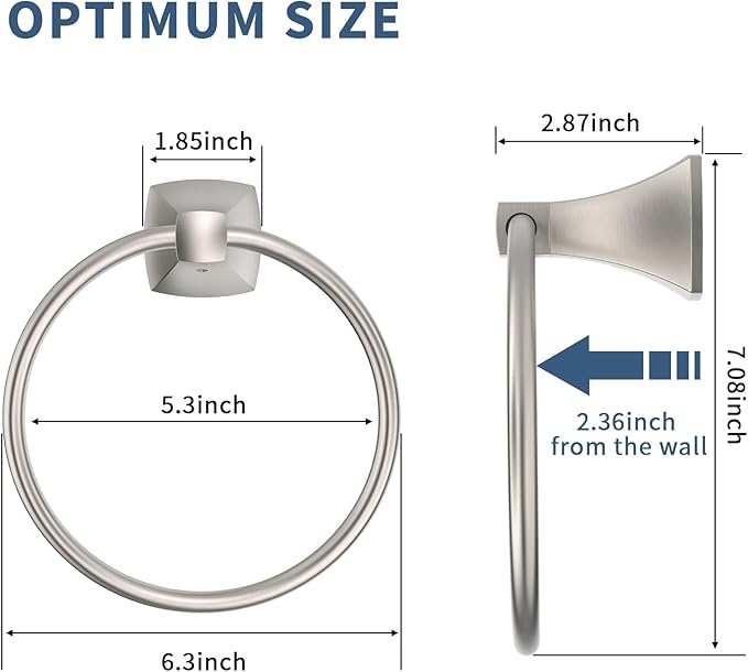 Hand Towel Holder for Bathroom Brushed Nickel Towel Ring Stainless Steel and Zinc Alloy Towel Hanger Wall Mount for Bath, Kitchen, 2 Pack