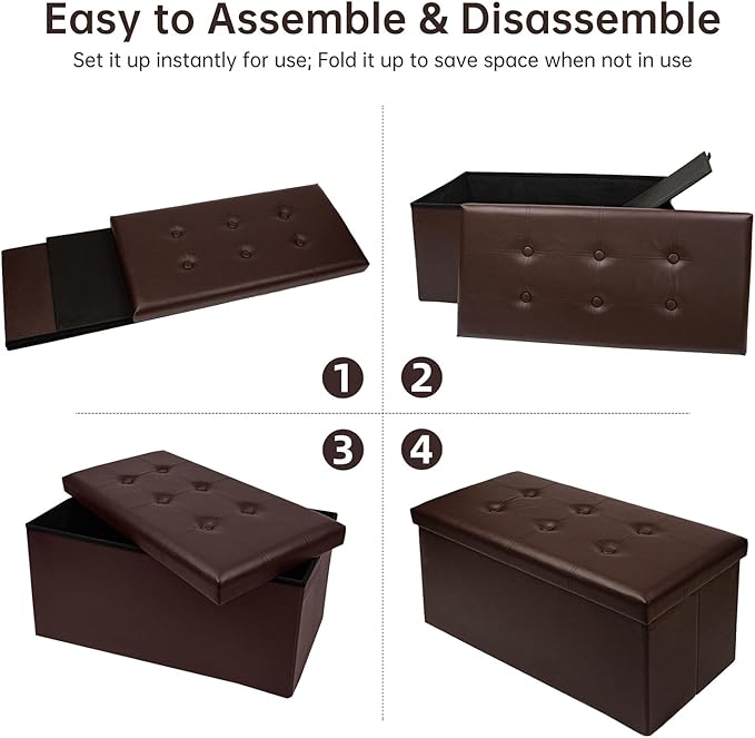 30 Inches Folding Storage Ottoman Bench, Faux Leather Footrest Ottoman, Storage Trunk Footrest for Bedroom, Living Room and Hallway, Support 350lbs, Brown Brown line