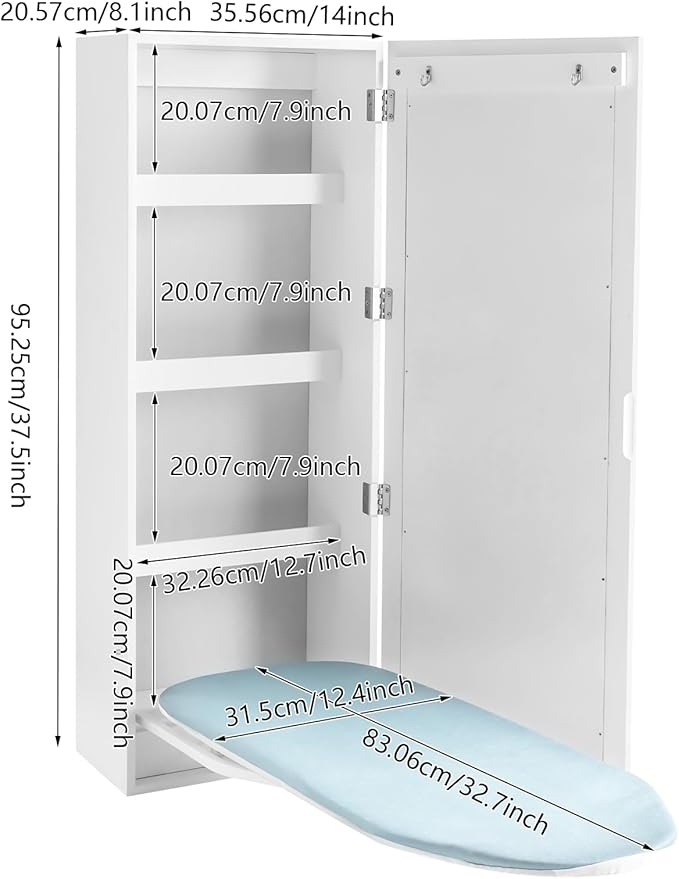 Ironing Board Cabinet Wall Mounted Storage Cabinet, Foldable Ironing Storage Station with Mirror, Built-in Rotating Ironing Board with Storage