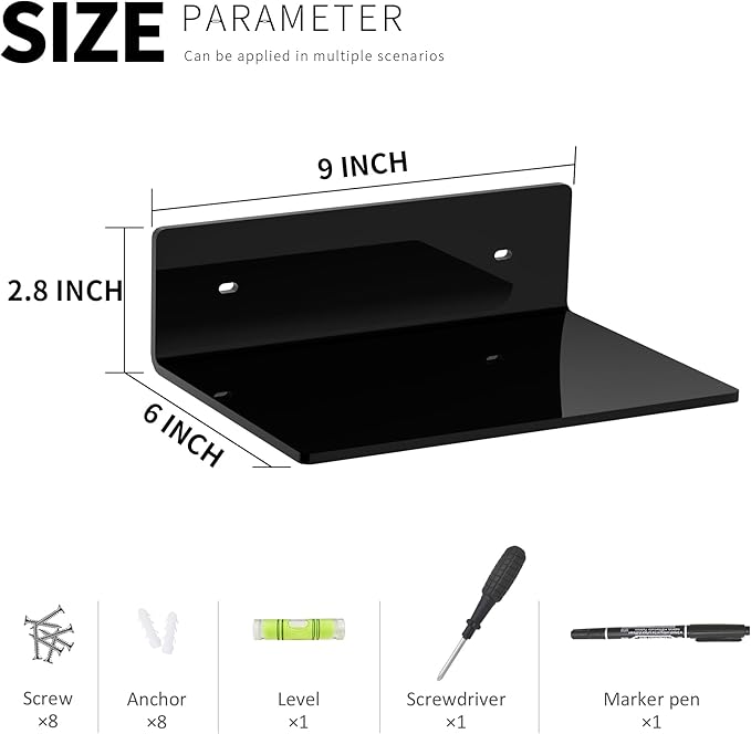 9 Inch Black Wall Shelves 4 Pack, Acrylic Wall Mounting Ledges Display, Acrylic Display Wall Shelf for Funko Pop Figures, Collectibles, Plants, Décor, Toiletries, Spices Jars, 4 Pack-NeatNest