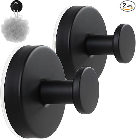 2 Pack Suction Cup Hooks for Shower, Exquisite Metal Shell & No Drill Towel Hooks for Bathroom Wall, Kitchen, Glass, Mirror, Tile to Hang Towels, Robes, Loofah - Matte Black