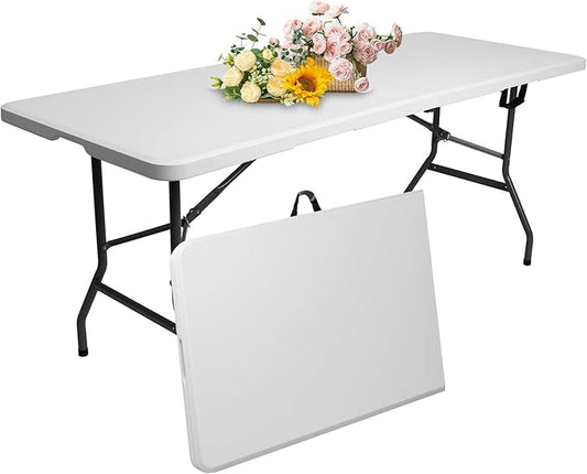 6 ft Foldable Plastic Table for Display, Camping, Party, Dining, Barbecue, Picnic with Carrying Handle - White-NeatNest