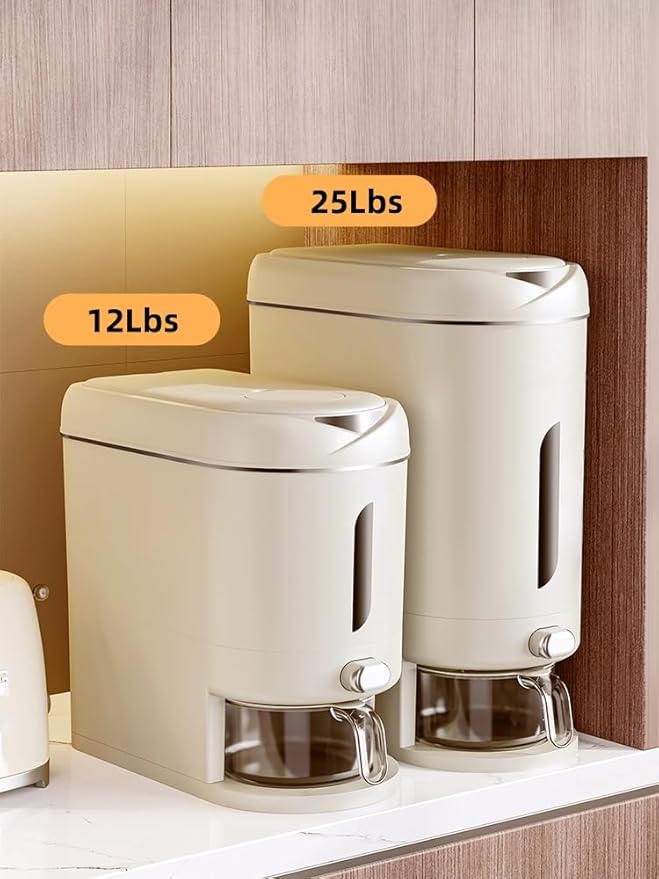 Rice Dispenser Cereal Dry Food Storage Containers with Measuring Cup and Water Filter Cover,Moisture Proof Airtight Food Dispenser Bucket for Rice,Corn,Coffee Bean,Grain,Soybean and Oatmeal,White,12LB-NeatNest