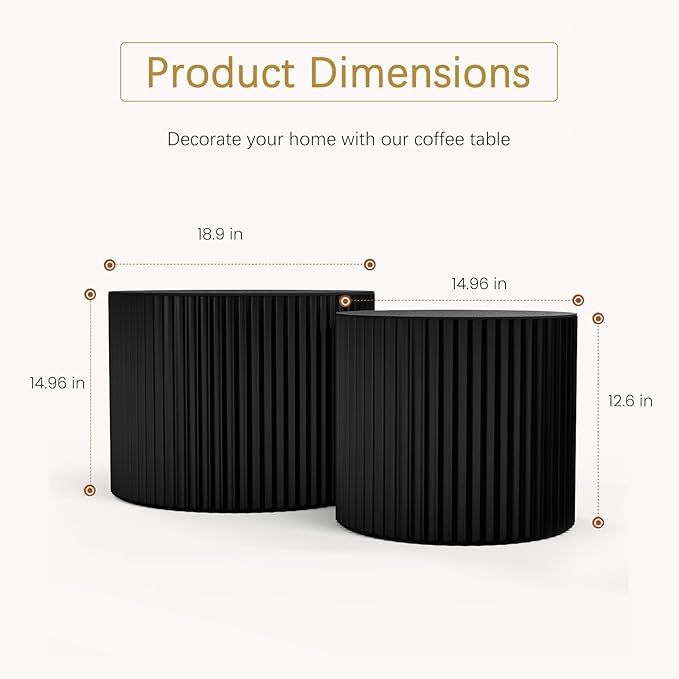 Round Coffee Table Set of 2 Modern Nesting Coffee Tables Wooden Drum Coffee Tables with Non-Slip Feet, Circle Nesting Tables End Table for Living Room Office, No Assembly (Black 18.9"+14.96")
