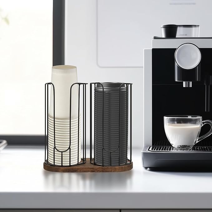 2-Compartment 18oz Coffee Cup Dispenser Rack with Wood Base, Disposable Cup, and Lid Organizer for Countertop - Perfect for Paper Cups, and Lid Organizer-NeatNest