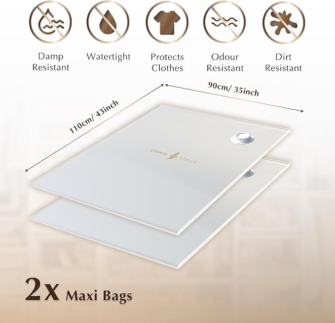 GENIE SPACE Max Vacuum Bags - Pack of 2, Max Size | Strong XXL Jumbo Space Saving Storage Bag, 43x35in | Premium Airtight & Reusable Vacuum Bag for Duvets, Curtains, Clothes, Coats, Jumpers & Pillows-NeatNest