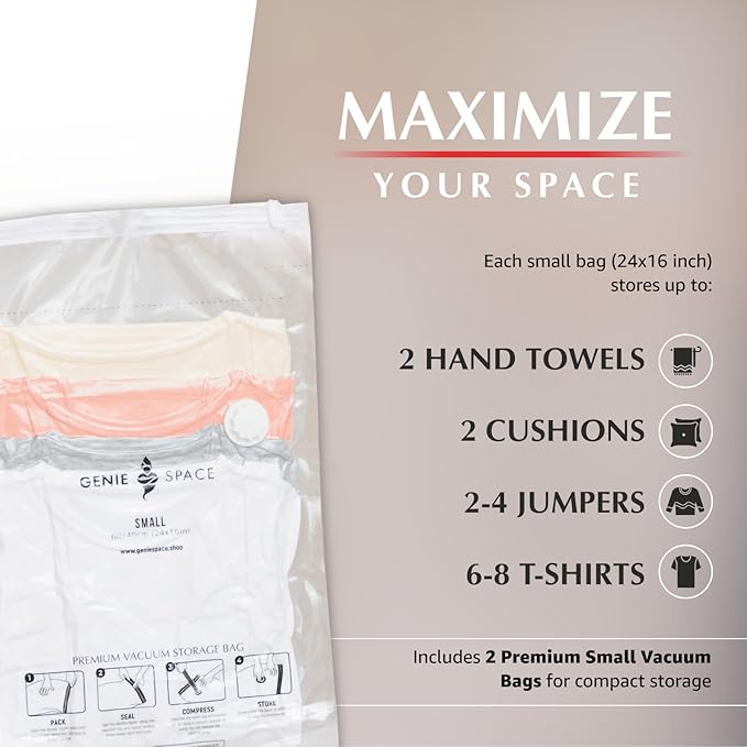GENIE SPACE Small Vacuum Storage Bags, Pack of 2, 24x16in | Compact & Strong Space Saving Bags | Premium Airtight & Reusable Vacuum Bag for Clothes, Towels, Underwear & Baby Clothing-NeatNest
