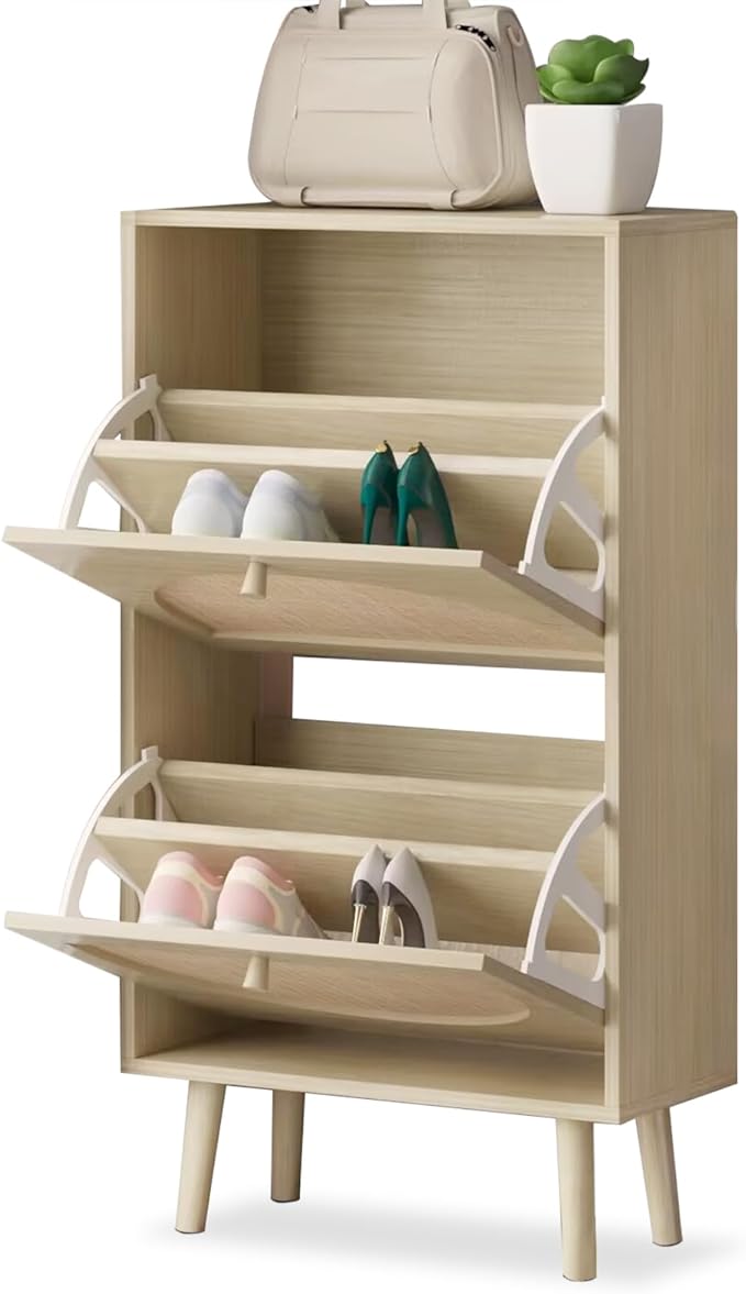 Karl Home Shoe Cabinet with 2 Flip Drawers, 2 Tier Freestanding Organizer, Rattan Storage Cupboard for Entryway, Hallway, Living Room, Natural-NeatNest