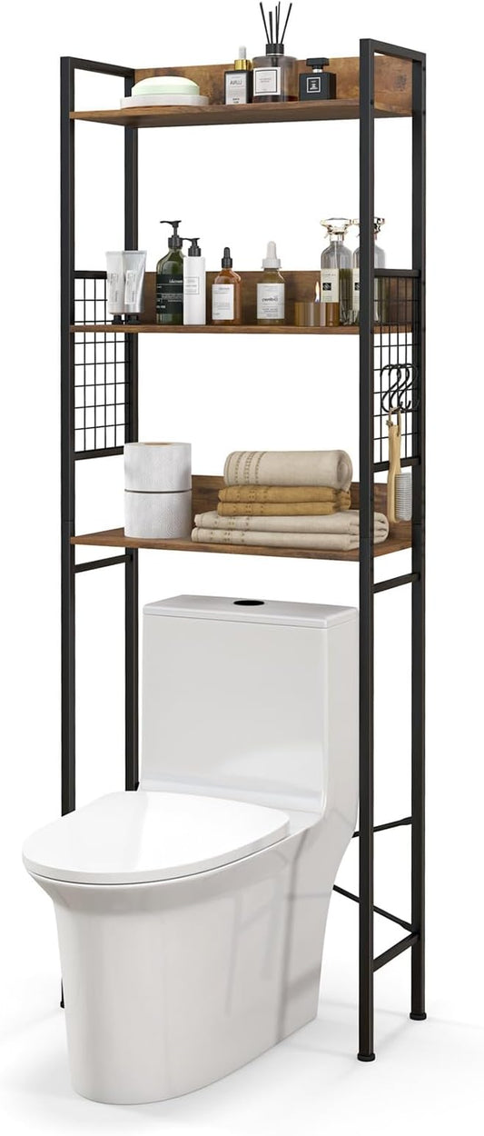 Giantex Over-The-Toilet Storage Shelf, 3-Tier Bathroom Space Saver with 3 Hooks, Industrial Tower Rack for Restroom, Kitchen, Freestanding Bathroom Organizer (Rustic Brown)