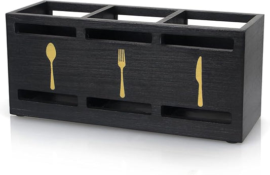 Ayiaren Wooden Cutlery Silverware Holder Flatware Utensil Caddy Black Utensil Holder for Kitchen Counter Wood Silverware Caddy Organizer for Table Countertop Spoon Knife and Fork Holder for Parties-NeatNest