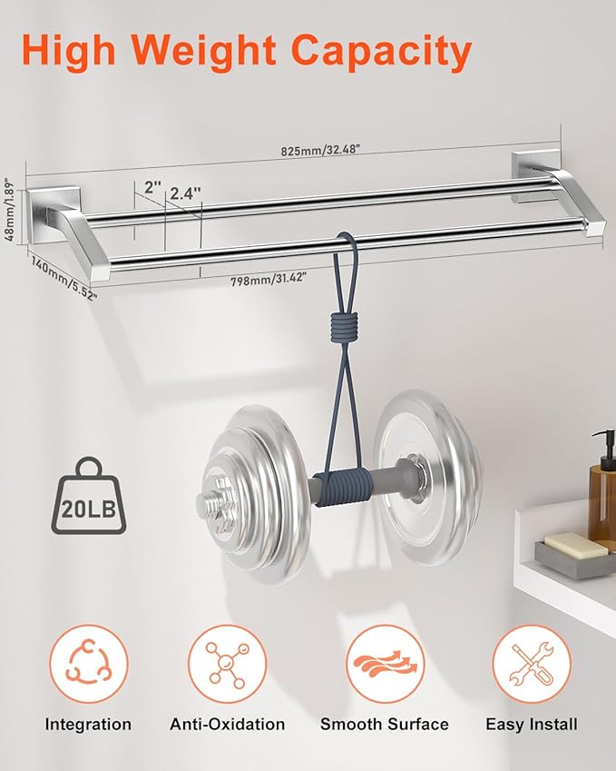 Alise Double Bath Towel Bars Towel Racks for Bathroom,Wall Mount Towel Holder Heavy Duty SUS304 Stainless Steel Towel Hanger Towel Rail,Brushed Nickel 32 Inch