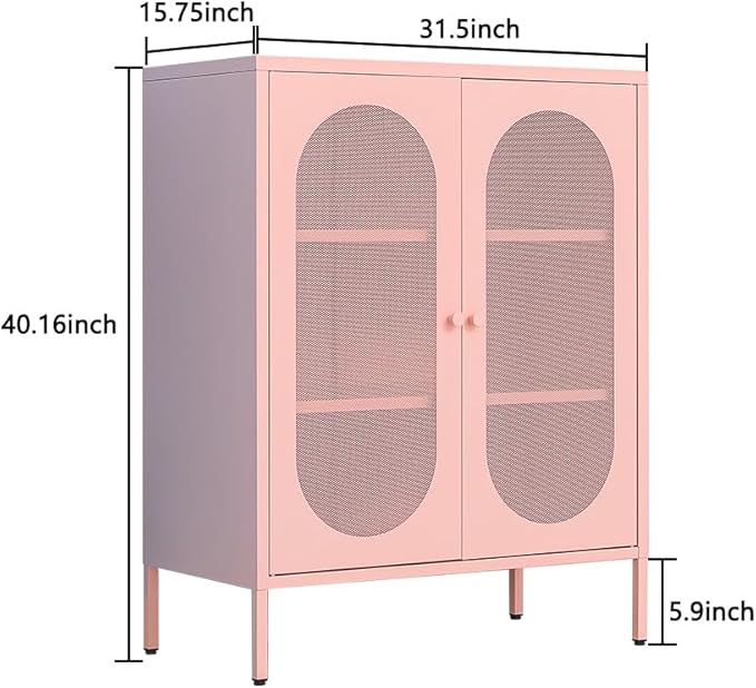 2 Doors Locker Metal Storage Cabinet, Storage Cabinet with Legs, Buffet Cabinet with Adjustable Shelves for Home, Office, Entryway and Hallway (Mesh Door Cabinet, Pink)