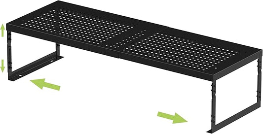 Adjustable Stackable Metal Storage Shelf Organizer - Expandable Wire Rack with Perforations for Kitchen, Pantry, Bathroom, Cabinet & Office-Compact, Durable & Sturdy(1PACK/Large/Black)