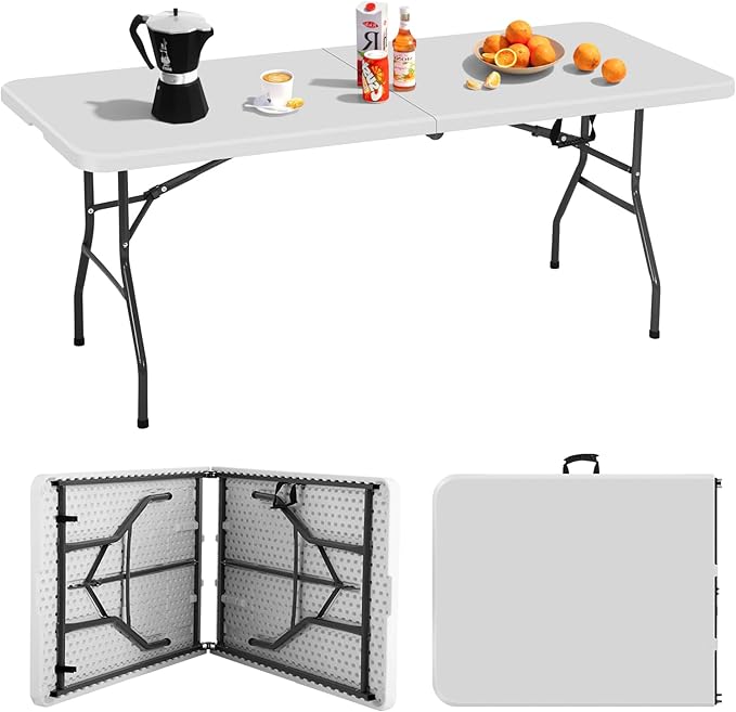6ft Folding Table, Heavy Duty Foldable Table with Handle, Portable Fold-in-Half Utility Tables for Indoor & Outdoor Use Perfect for Camping BBQ Party Wedding Market Events, White-NeatNest