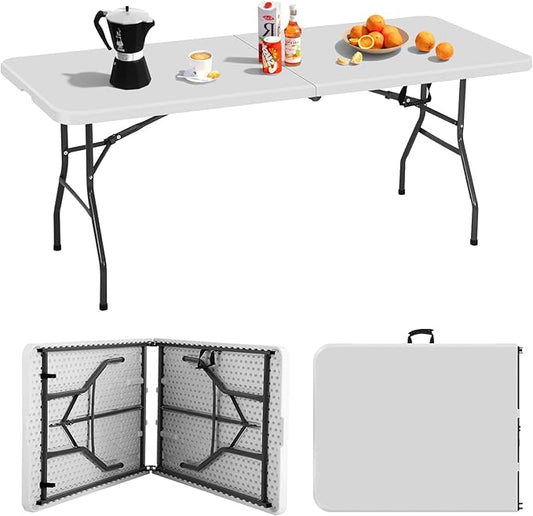 6ft Folding Table, Heavy Duty Foldable Table with Handle, Portable Fold-in-Half Utility Tables for Indoor & Outdoor Use Perfect for Camping BBQ Party Wedding Market Events, White-NeatNest