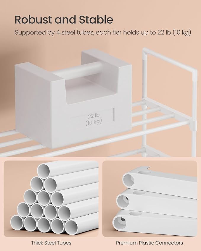 SONGMICS Shoe Rack, 3-Tier Shoe Organizer, Metal Storage Shelf, Upright or Upside Down, for 16-20 Pairs, Stackable, for Entryway, 11.8 x 36.2 x 21.7 Inches, Pearl White ULSA303W03-NeatNest