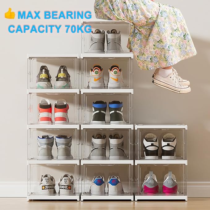 Foldable Shoe Rack Clear Collapsible Storage Box Size up to 16, Free Standing Bins Stackable Plastic with Lids Organizing Dustproof 6-Tiers-NeatNest