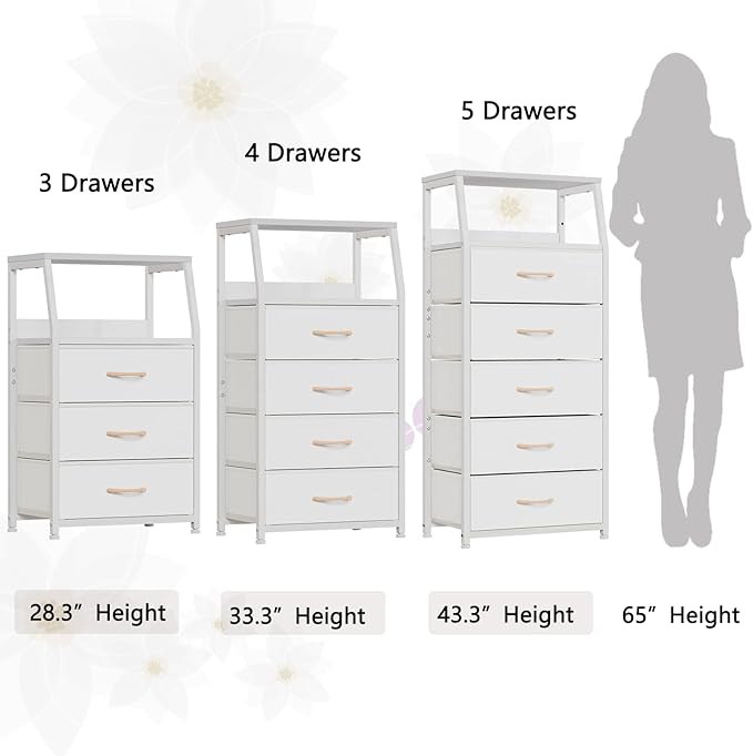 Furnulem White Nightstand with 3 Drawers and 2-Tier Shelf, Small Night Stand End Table Side Furniture, Fabric Storage Organizer for Bedroom, Closet, Hallway, Nursery, Sturdy Steel Frame, Wood Top-NeatNest