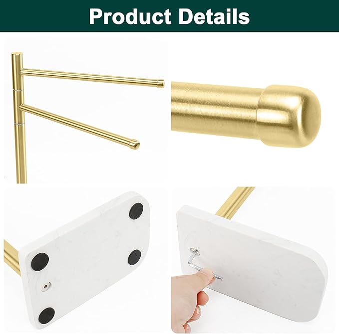 Hand Towel Holder, F-Shape Hand Towel Stand with Marble Base, Stainless Steel Swivel Hand Towel Rack Bar Standing for Bathroom Kitchen Countertop, 2 Arms (Gold)