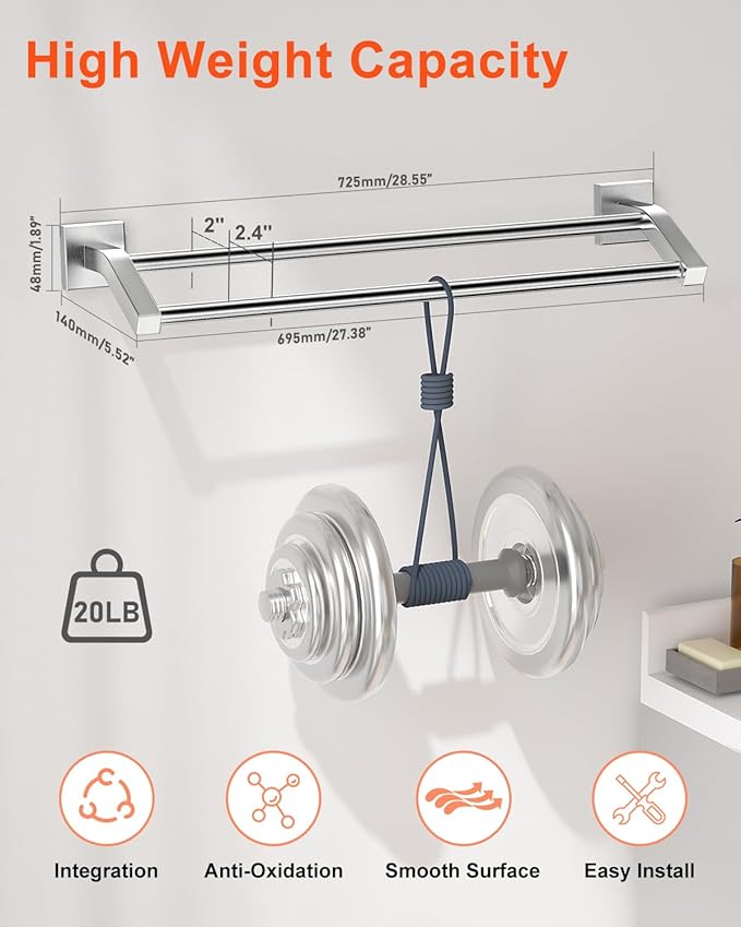 Alise Bath Double Towel Bars Towel Racks for Bathroom,Wall Mount Towel Holder Heavy Duty SUS304 Stainless Steel Towel Hanger Towel Rail,Brushed Nickel 28 Inch