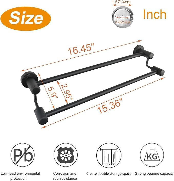 TocTen Double Bath Towel Bar - Thicken SUS304 Stainless Steel Towel Rack for Bathroom, Bathroom Accessories Double Towel Rod Heavy Duty Wall Mounted Towel Holder (Matte Black, 16 in)