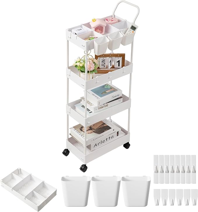 danpinera Storage Cart, 4 Tier Narrow Rolling Storage with Wheels & Dividers, Bathroom Organizer Slim Laundry Cart with Handle Hanging Cups Hooks, White