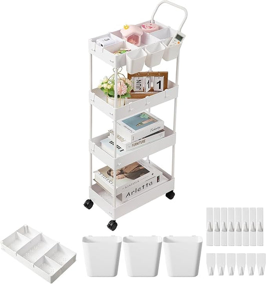 danpinera Storage Cart, 4 Tier Narrow Rolling Storage with Wheels & Dividers, Bathroom Organizer Slim Laundry Cart with Handle Hanging Cups Hooks, White