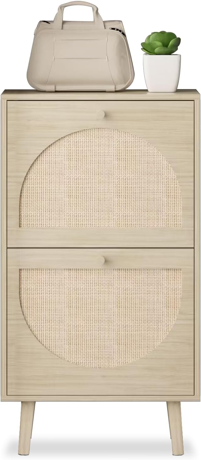 Karl Home Shoe Cabinet with 2 Flip Drawers, 2 Tier Freestanding Organizer, Rattan Storage Cupboard for Entryway, Hallway, Living Room, Natural-NeatNest
