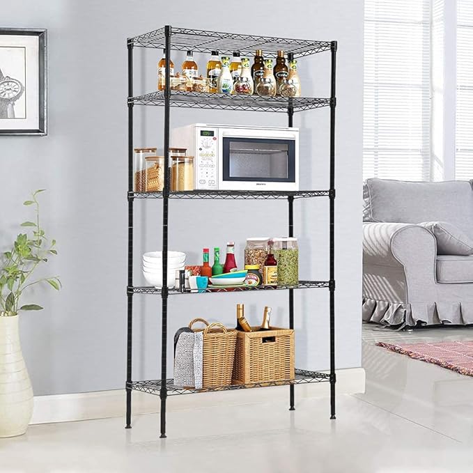 Metal Shelves 5-Tier Wire Shelving Unit 24" Lx 14" Wx 60" H Heavy Duty Storage Shelf Rack for Restaurant Garage Kitchen Laundry Pantry Storage Space-Saving, Black