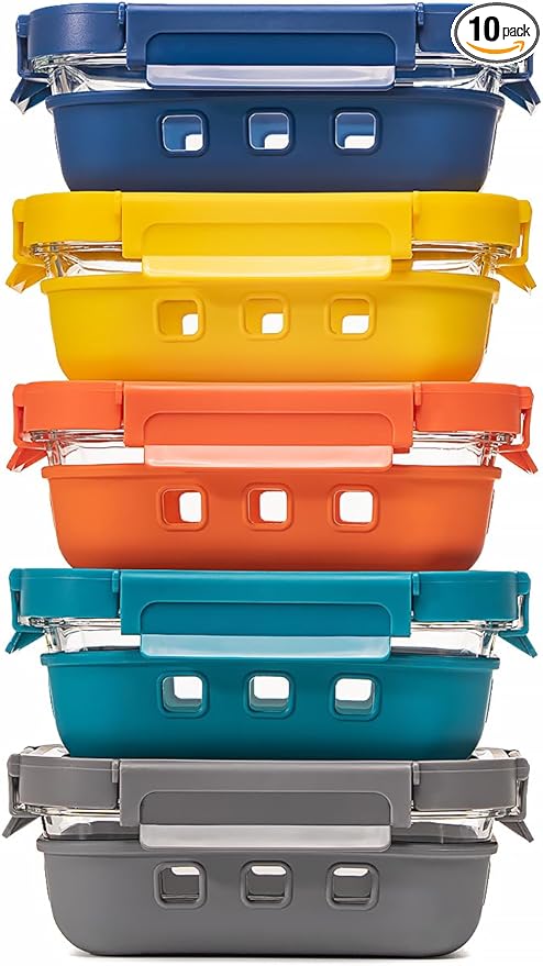 Glass Food storage container with Glass lids Bento Box Set Lunch box Eco Friendly Meal Prep Containers Airtight – Plastic Free, silicon sleeve BPA Free 4.4cup/ 5 * 1050ml