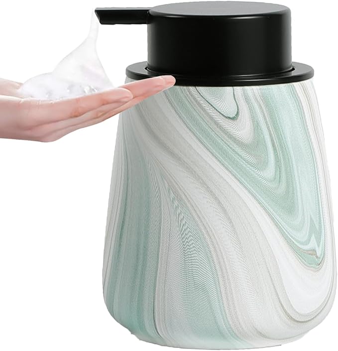 12Oz Foam Hand Soap Dispenser - Modern Ceramic Foaming Soap Dispenser with Easy-to-Press Pump, Reusable and Refillable Liquid Dish Soap Dispensers for Bathroom & Kitchen, Marble Green-NeatNest