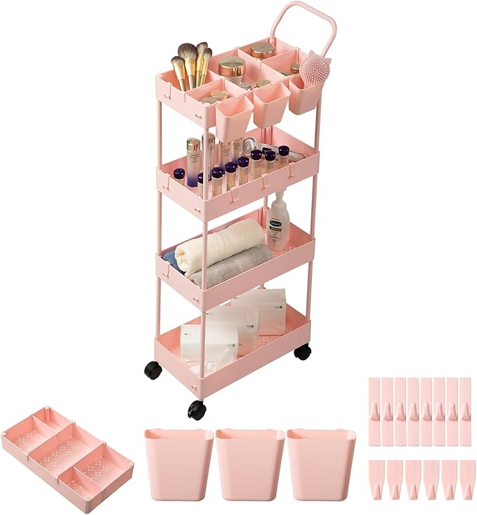 danpinera Slim Storage Cart, 4 Tier Bathroom Organizer Narrow Laundry Cart with Wheels Dividers Hanging Cups Hooks Handle Makeup Lash Cart Shelf Organizer Rack Unit Easy Assembly, Pink