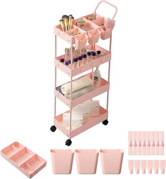 danpinera Slim Storage Cart, 4 Tier Bathroom Organizer Narrow Laundry Cart with Wheels Dividers Hanging Cups Hooks Handle Makeup Lash Cart Shelf Organizer Rack Unit Easy Assembly, Pink