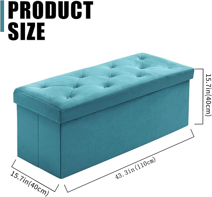 BRIAN & DANY 43 Inches Folding Storage Ottoman Bench, Velvet Ottoman with Storage for Living Room, Long Shoes Bench,Flannelette Footrest Benches Seat (Teal)-NeatNest