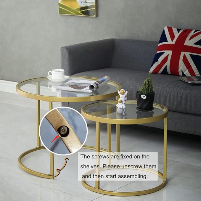 Gold Nesting Coffee Table Set of 2, Small Glass Nesting Tables for Living Room Bedroom, Accent Tea Table with Metal Frame