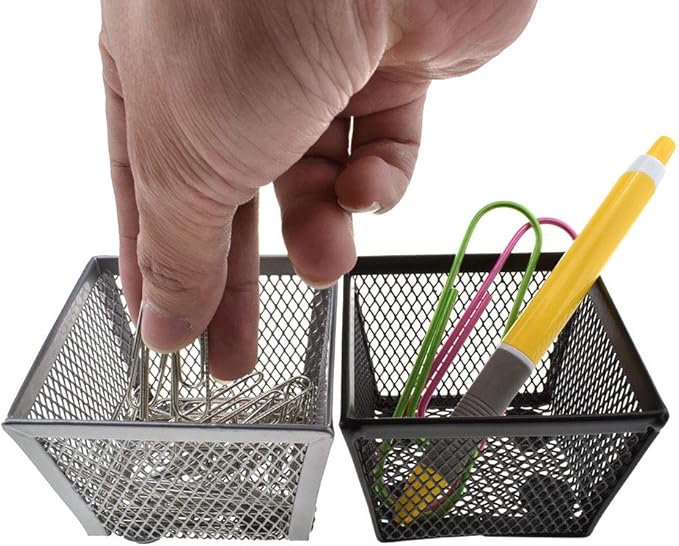 HAHIYO Stackable Paper Clip Mesh Holder Cup 2.2" Height 4 Pack Sturdy Paperclip Holder Container for Desk Drawer Organizer Collection for Home Office School Black Silver Soft Foam Feet No Sharp Edges-NeatNest