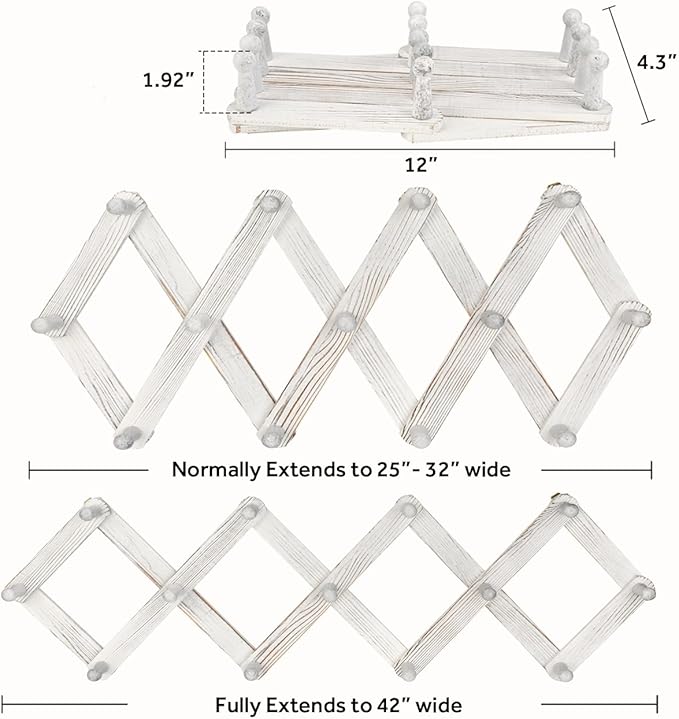 Homode Accordian Wall Hanger, Expandable Coat Rack Wall Mounted, Accordion Style Wood Hat Rack with 13 Peg Hooks for Hanging Coats, Hats, Mugs, Bags, Purses, Necklaces, Rustic White-NeatNest