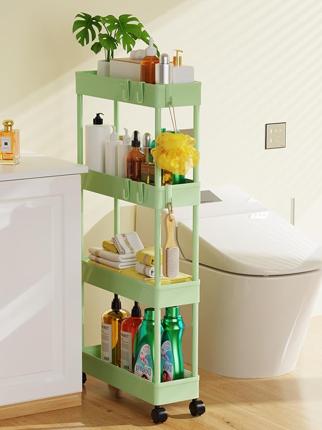 LEHOM 5.1" Slim Storage Cart - 4 Tiers Bathroom Organizer Mobile Shelving Unit Storage Rolling Utility Cart Slide Out Organizer for Kitchen Bathroom Laundry Narrow Places, Green