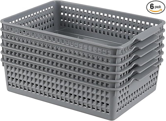 6 Packs Plastic Storage Baskets, Paper Organizer Baskets, Shallow Storage Basket Trays, Grey-NeatNest